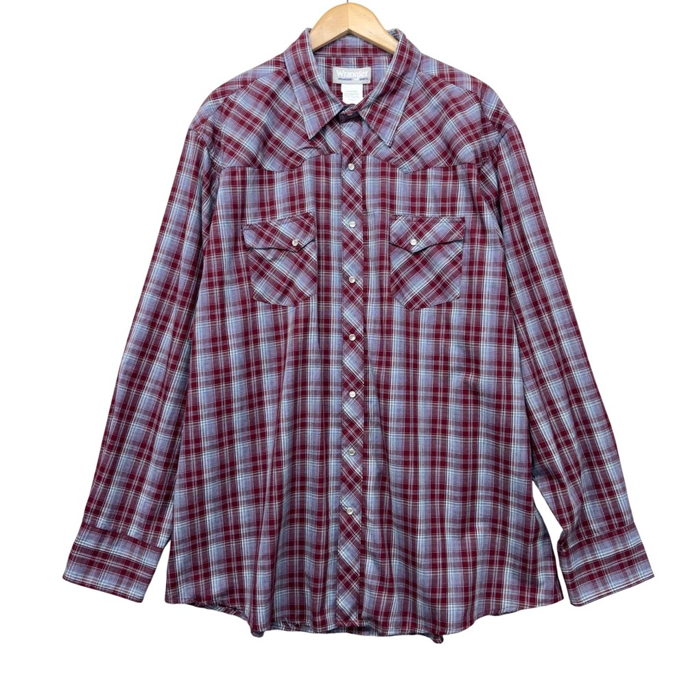 Wrangler Wrancher Mens 2XT Tall‎ Western Pearl Snap Plaid Shirt Burgundy MTW1435